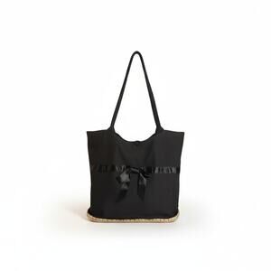 Murval Black Canvas Tote Bag Ribbon Bow Lace Detail Boho Rubber Bottom